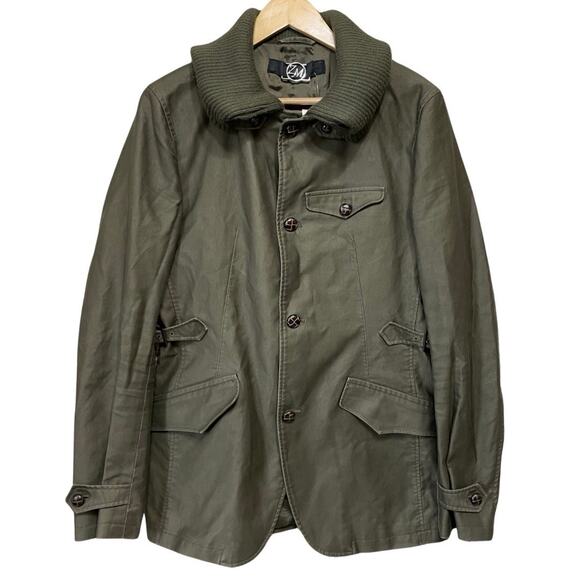 Zara Man Field Jacket Coat Men M-L Military Green Knit Collar Leather Button NEW